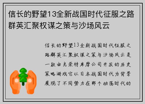 信长的野望13全新战国时代征服之路群英汇聚权谋之策与沙场风云